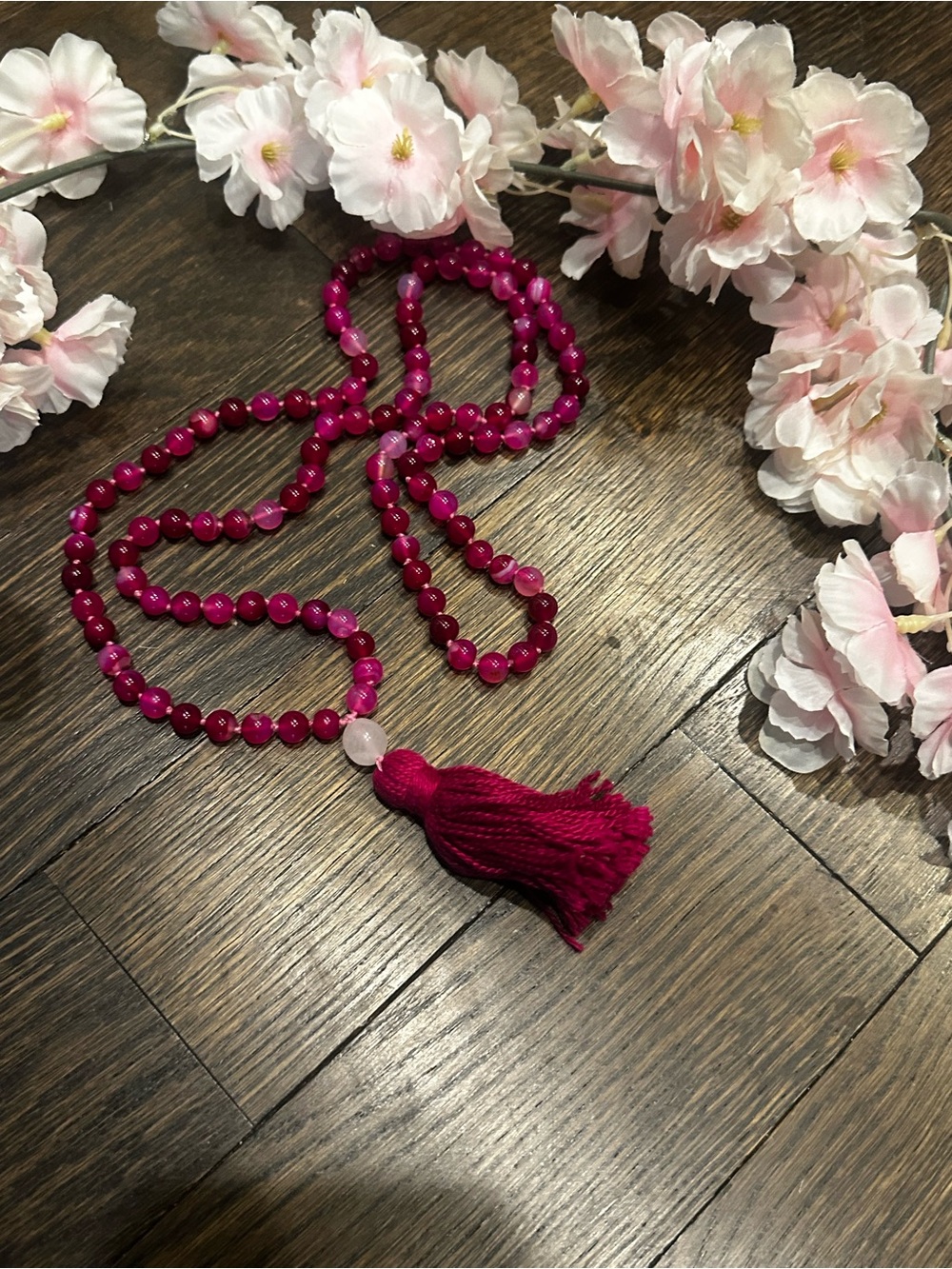 Pink Agate 108 Bead Mala with Tassel